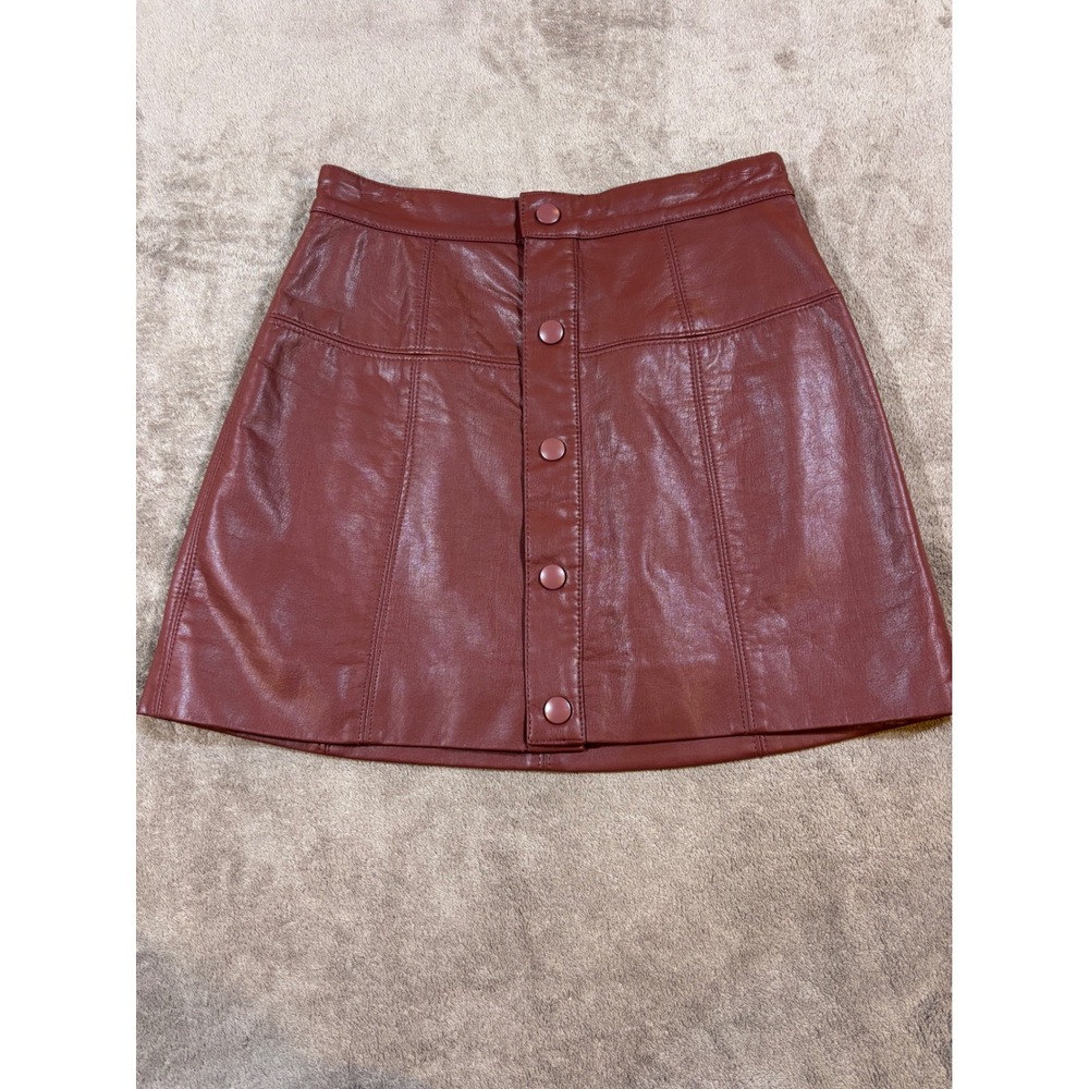 Free People Modern Femme Burgundy Faux Leather Button Front Mini Skirt Size 2